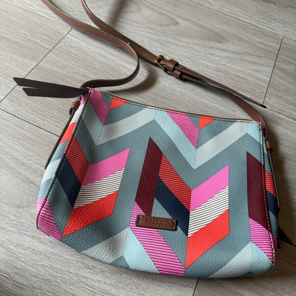 FOSSIL Gemma Multicolor Chevron Pattern Satchel Crossbody Bag Purse Boho aztec - Picture 1 of 15